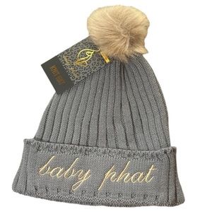 NWT Gray & Gold Baby Phat Pom Pom Knit Warm Winter Hat